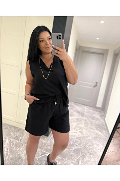 Ferdanur Başaran Büyük Beden Kalın Askılı Şortlu Kadın İkili Takım