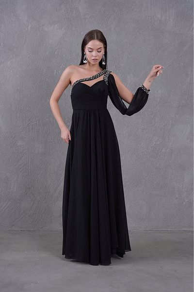 XXL BUTİK Women Black Design Chiffon Evening Dress