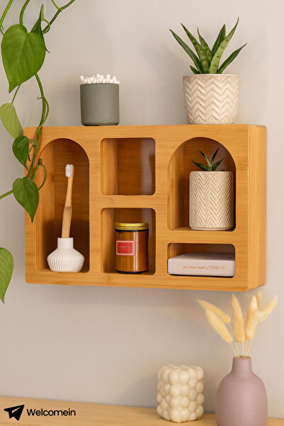welcomein Bambu Duvar Rafı Çok Gözlü Dekoratif Organizer | Mutfak, Banyo, Salon Kullanımına Uygun