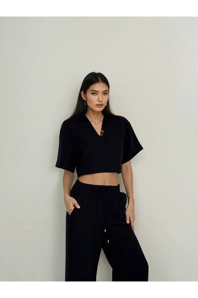 369 etnik butik Oversize Polo Collar Crop Suit - Black - 2-Piece Women's Suit with Trousers