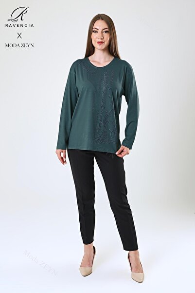 Ravencia Women's Middle Age and Above Viscose Ring Stripe Pattern Stone Embroidered Lycra Emerald Mother Combed Cotton Blouse