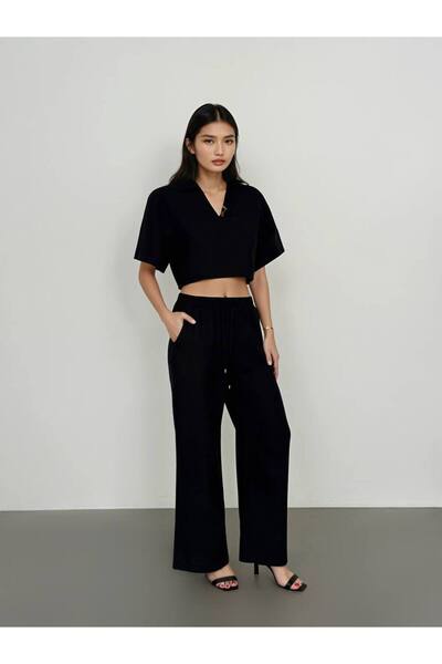 369 etnik butik Oversize Polo Collar Crop Suit - Black - 2-Piece Women's Suit with Trousers