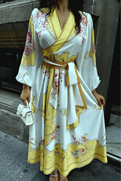 XXL BUTİK kadın kruvaze yaka desenli maxi elbise