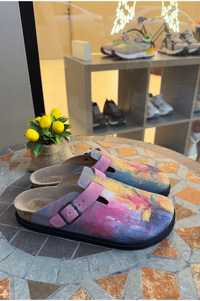 Lemoors Justine Natural Cork Sole Inner Genuine Leather Canvas Printed Sabo Slippers