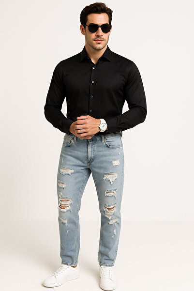 Butik Şık Siyah Gömlek ve Yırtık Mavi Jean Kombin