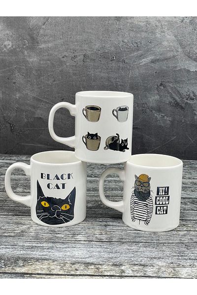 YzHome 3-Piece Ceramic Cat Figured Printed Mug with Handle 250ml