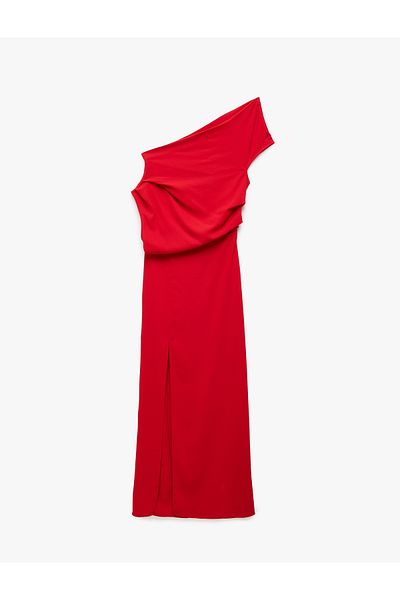 Koton Crepe Fabric Asymmetrical Cut Draped Slit Midi Length One Shoulder Dress