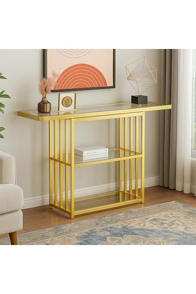 genric FFD Metal & Glass Console Table 120×40×90 cm – Gold & Black Powder-Coated Frame, 2 Temp