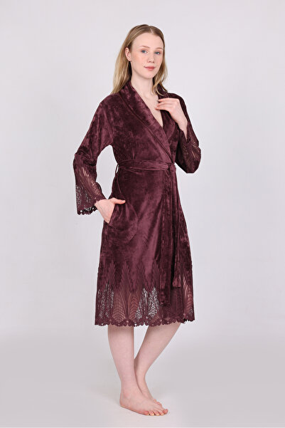 Nuşa Elegant Stylish Lace Niki Velvet Bamboo Cotton Dressing Gown