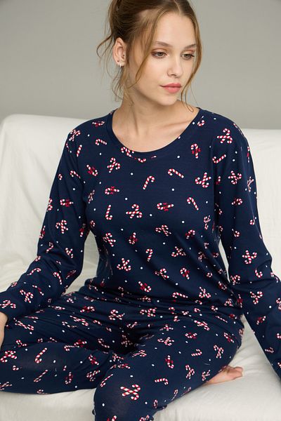 Siyah İnci Navy Blue Candy Pattern Knitted Cotton Pajamas Suit25240239