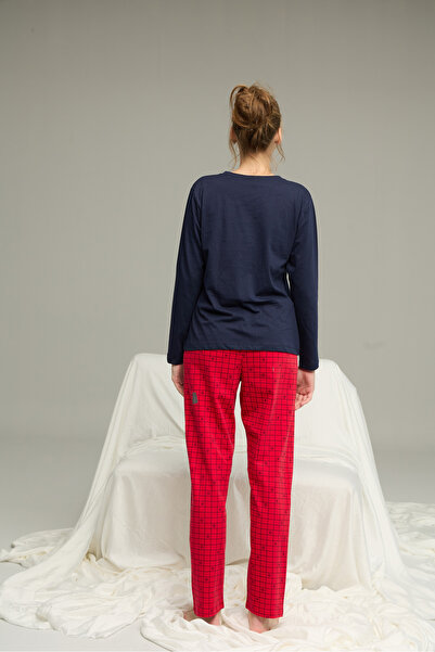 Siyah İnci Синій візерунковий трикотажний бавовняний піжамний комплект 25240256