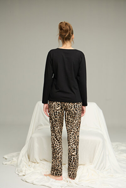 Siyah İnci Black Leopard Print Knitted Cotton Pajamas Suit25240276