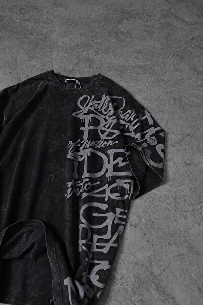 Slatra Men's Anthracite Graffiti Side Print Custom Washed Fabric Oversize Tshirt