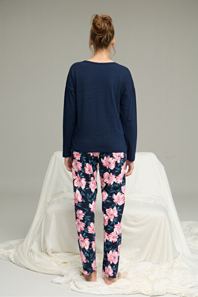 Siyah İnci lacivert desenli dantel Detaylı Örme Pamuklu Pijama Takım25240252