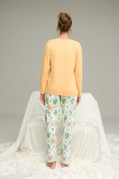 Siyah İnci Yellow Pattern Button Knitted Cotton Pajamas Suit25240206