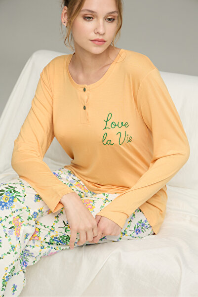 Siyah İnci Yellow Pattern Button Knitted Cotton Pajamas Suit25240206
