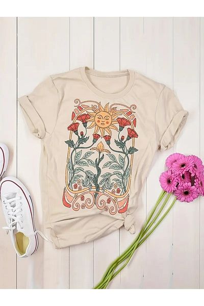 l'eivor Sun & Flower Tarot Design Printed Beige Women's Cotton T-Shirt