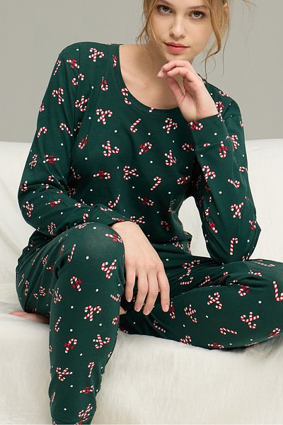 Siyah İnci Green Candy Pattern Knitted Cotton Pajamas Suit25240277