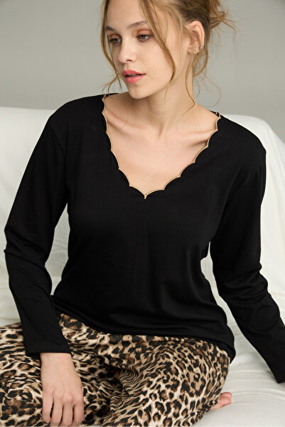 Siyah İnci Black Leopard Print Knitted Cotton Pajamas Suit25240276