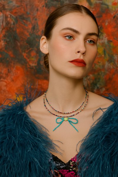 puffydik Bohemian Necklace with Colorful Beaded Bow Detail – Handmade with Adjustable Chain