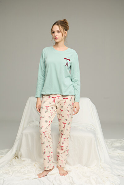 Siyah İnci Green Pattern Knitted Cotton Pajamas Suit25240254