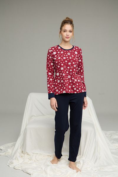 Siyah İnci Burgundy Snow Pattern Knitted Cotton Pajamas Suit25240240