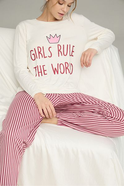 Siyah İnci Ecru Line Pattern Knitted Cotton Pajamas Suit25240196