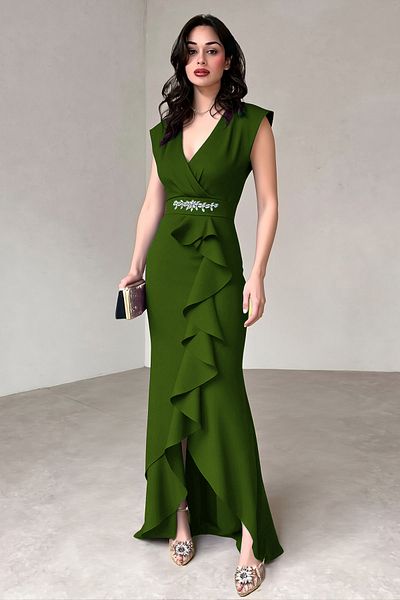ALFUDO Moda Collection Women's Scuba Crepe Fabric Double Breasted Collar Skirt Flounced Belt T-Shirt Emerald Evening Dress Graduation Wedding Dress