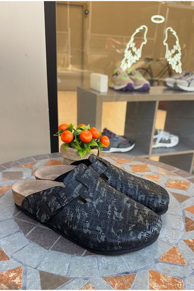 Lemoors Costa Natural Cork Sole Inside and Outside Genuine Leather Black Color Printed Sabo Slippers