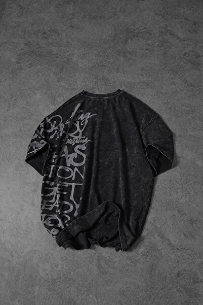 Slatra Men's Anthracite Graffiti Side Print Custom Washed Fabric Oversize Tshirt