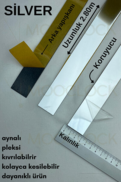MOOCLOCK Dekoratif Yapışkanlı Aynalı Pleksi (30MM) (GÜMÜŞ) Şerit Mobilya Dola...