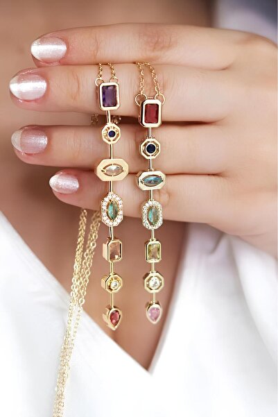 The Collection 7 Renk Element Kristal Taşlı Y Şekilli Kolye Kararmaz Gold Kadın Kristal Taşlı Çelik Kolye