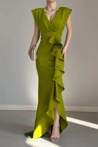 ALFUDO Moda Collection Kadın Scuba Dalgıç Kumaş Kruvaze Yaka Eteği Volanlı Yağ Yeşili Elbise