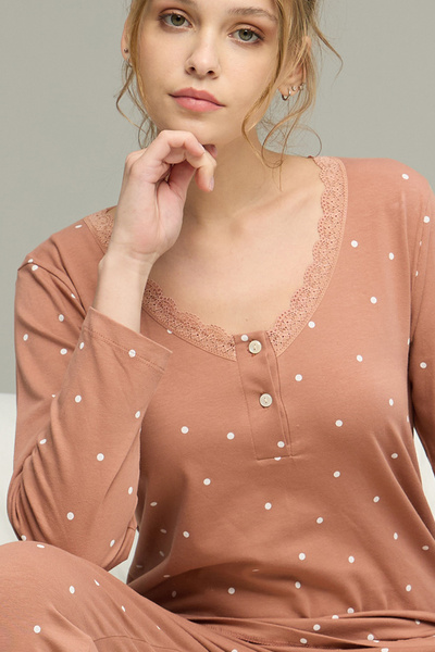 Siyah İnci Costum de pijama cu nasturi din bumbac din material subțire cu model somon închis25240227