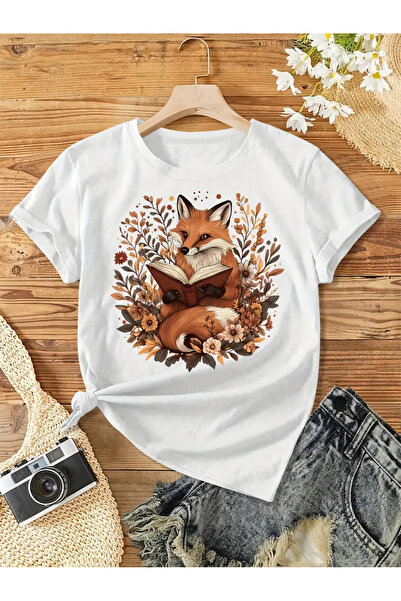 l'eivor Tricou din bumbac pentru femei cu imprimeu Book & Fox
