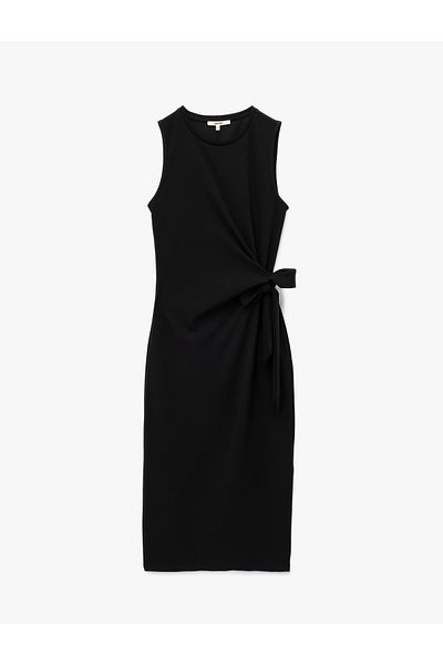 Koton Crepe Fabric Crew Neck Sleeveless Midi Length Pencil Dress with Tie Detail