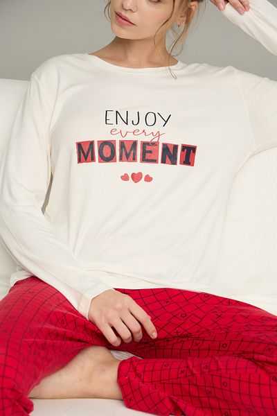 Siyah İnci Ecru Patterned Knitted Cotton Pajamas Suit25240207