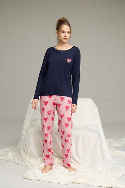 Siyah İnci Navy Blue Patterned Knitted Cotton Pajamas Suit25240258