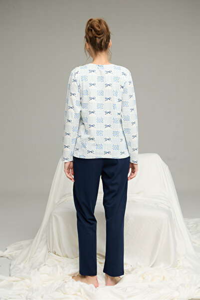 Siyah İnci beyaz çiçek desenli Örme Pamuklu Pijama Takım25240198