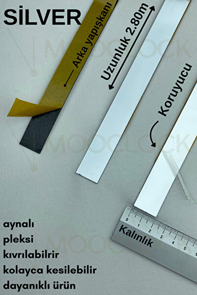 MOOCLOCK Dekoratif Yapışkanlı Aynalı Pleksi (20MM) (GÜMÜŞ) Şerit Mobilya Dolap Süsü