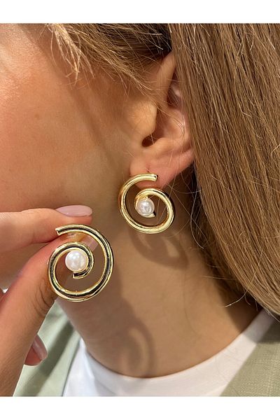 Accessories Hei Golden Yellow Spiral Shape Big Pearl Detailed Stylish Daily Use Women's Earrings