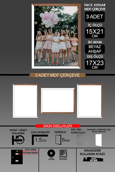 Bytwo 3 Pieces 15X21 Frame - Thin Slatted A5 Frame - 2 Colors White Wood - 6mm Photo Frame