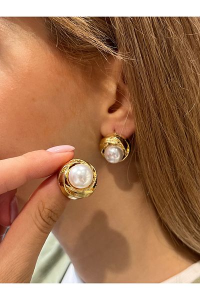 Accessories Hei Golden Yellow Big Pearl Detailed Stylish Daily Use Women's Earrings