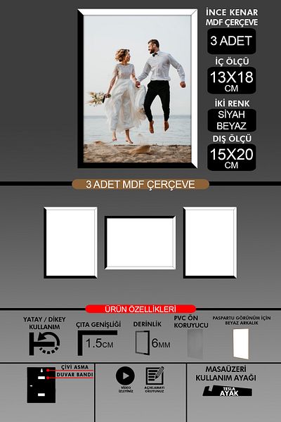 Bytwo 3Pcs 13X18 Frame - Thin Slatted Frame - 2 Colors Black White - 6mm Frame Photo Frame