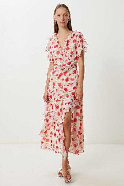 Lovelyİstanbul Φόρεμα σιφόν με μοτίβο και λεπτομέρεια LUB0185 ΠΟΥΔΡΑ ΚΟΚΚΙΝΟ