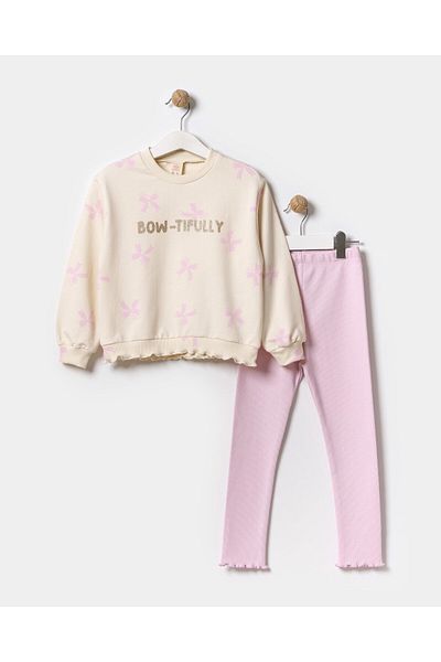 Magu Girls' Cotton Cream Bow-Tiful Printed Sweatshirt and Pink Leggings Set