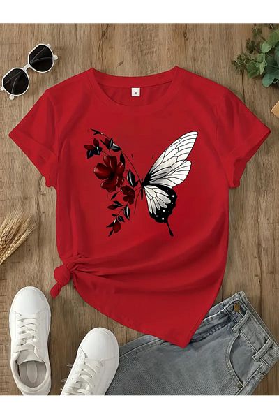 l'eivor Rose & Butterfly Special Design Printed Women's Cotton T-Shirt