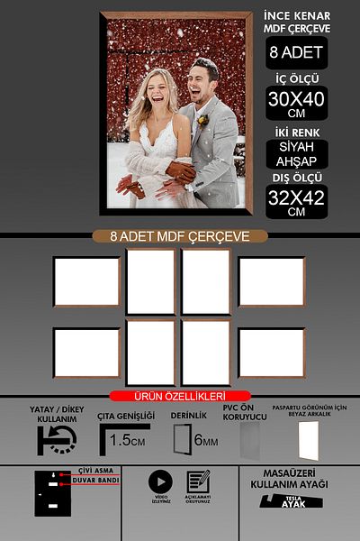 Bytwo 8 Pieces 30X40 Frame - Thin Slatted A3 Frame - 2 Colors Wood Black - 6mm Photo Frame