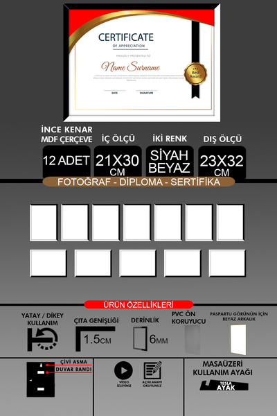 bymat 12 Pieces 21X30 Frame - Slim Slatted A4 Frame - 2 Colors Black White - Photo Certificate Frame