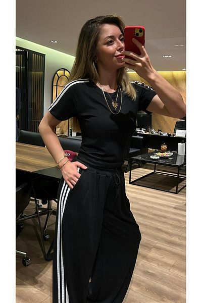QBZ Stripe Detail Crop Tee Shirt Wide Leg Modal Suit